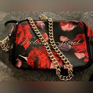 Victoria's Secret Black and Red Floral Bag with Gold Chain